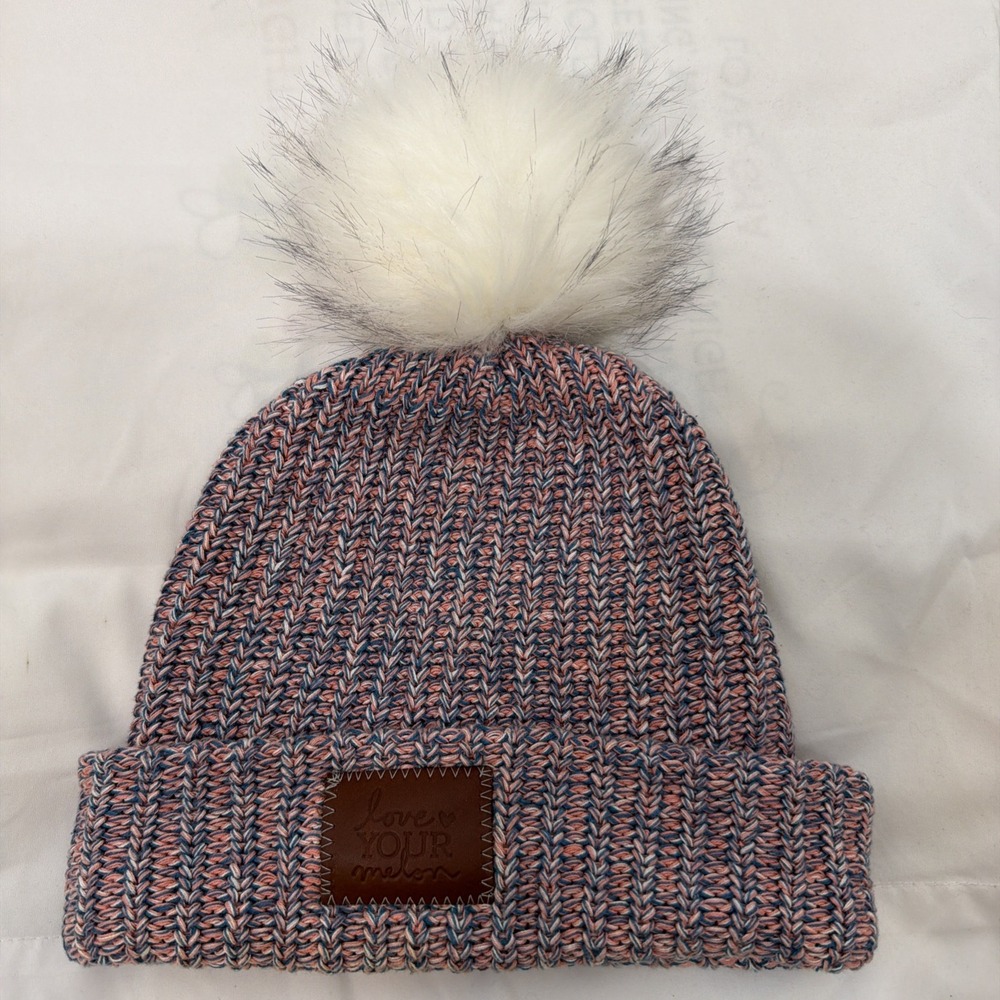 Love Your Melon‎ Knit Cuffed Beanie  Winter Hat Detachable Pom Puff Blue Pink OS